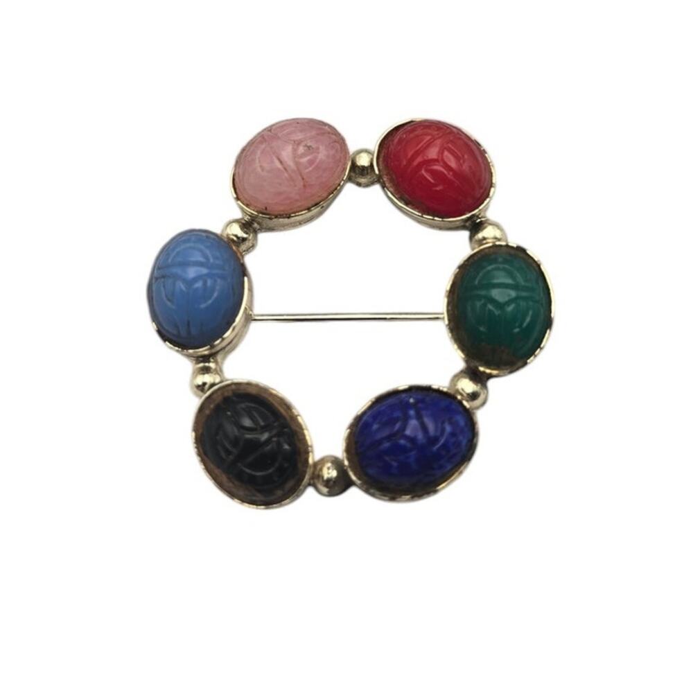Scarab Circle Brooch Multi Jewel Tone Gold Tone Pin - Egyptian Revival